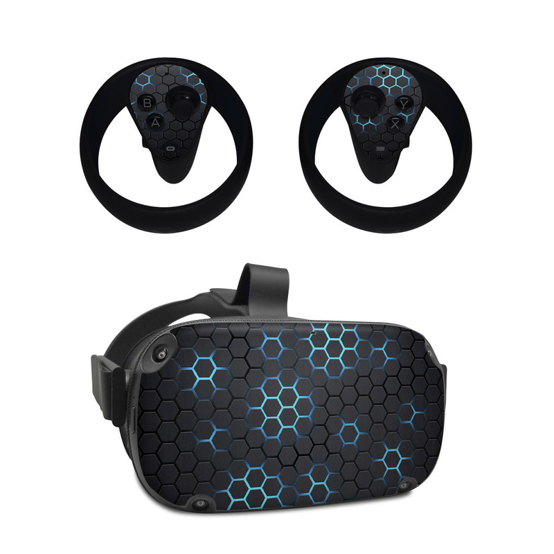 Oculus Quest Skin design of Pattern, Water, Design, Circle, Metal, Mesh, Sphere, Symmetry, with black, gray, blue colors