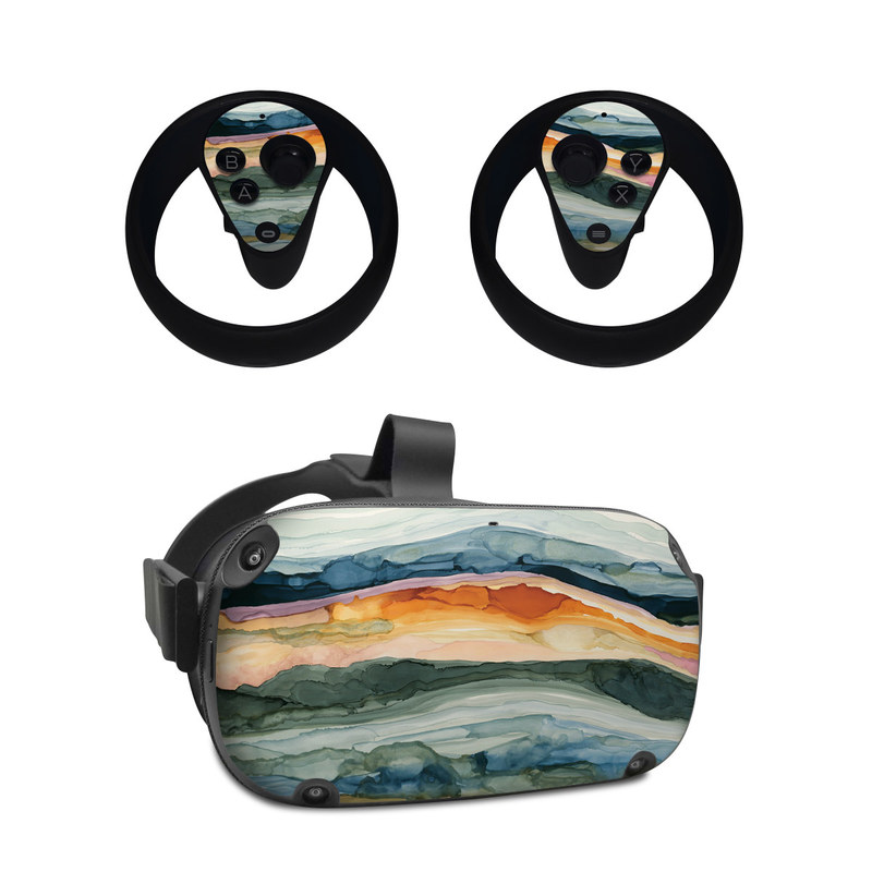 Oculus Quest Skin design of Watercolor paint, Painting, Sky, Wave, Geology, Landscape, Pattern, Acrylic paint, Cloud, Paint, with blue, purple, orange, yellow, red, green, brown colors