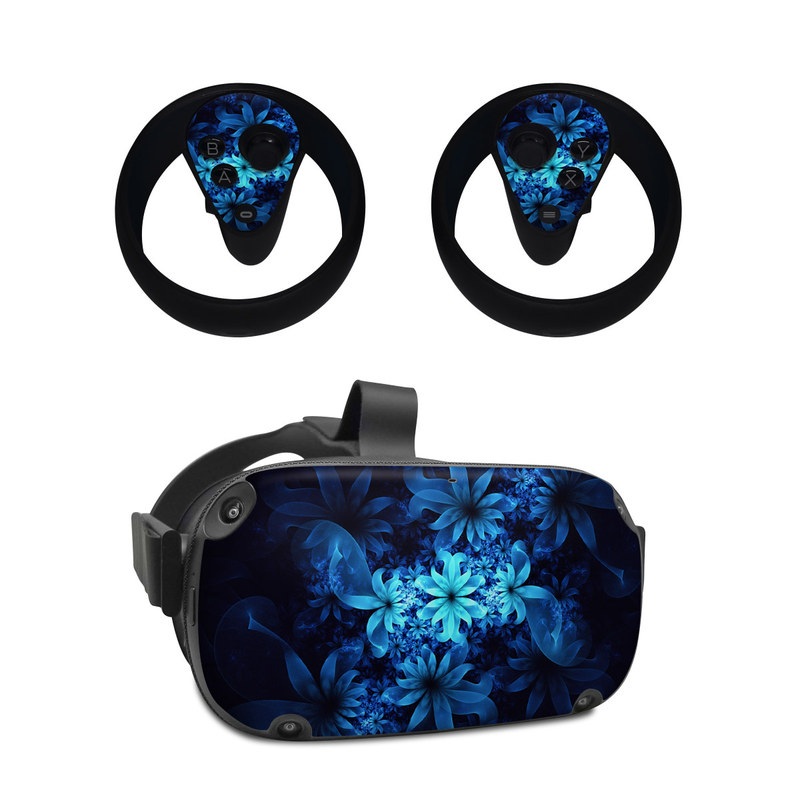 Oculus Quest Skin design of Nature, Blue, Petal, Organism, Darkness, Flower, Colorfulness, Electric Blue, Majorelle Blue, Pattern, Botany, Still Life Photography, Space, Aquatic Plant, Fractal Art, Visual Arts, Illustration, Symmetry, Midnight, Wildflower, Painting, Still Life, with black, blue, white colors