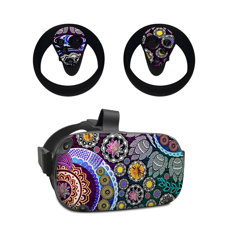 Oculus Quest Skin design of Pattern, Psychedelic art, Art, Visual arts, Design, Floral design, Textile, Motif, Circle, Illustration, with black, gray, purple, blue, green, red colors