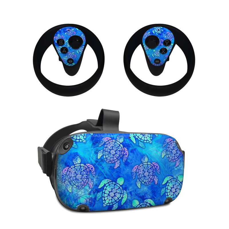 Oculus Quest Skin design of Blue, Pattern, Organism, Design, Sea turtle, Plant, Electric blue, Hydrangea, Flower, Symmetry, with blue, green, purple colors