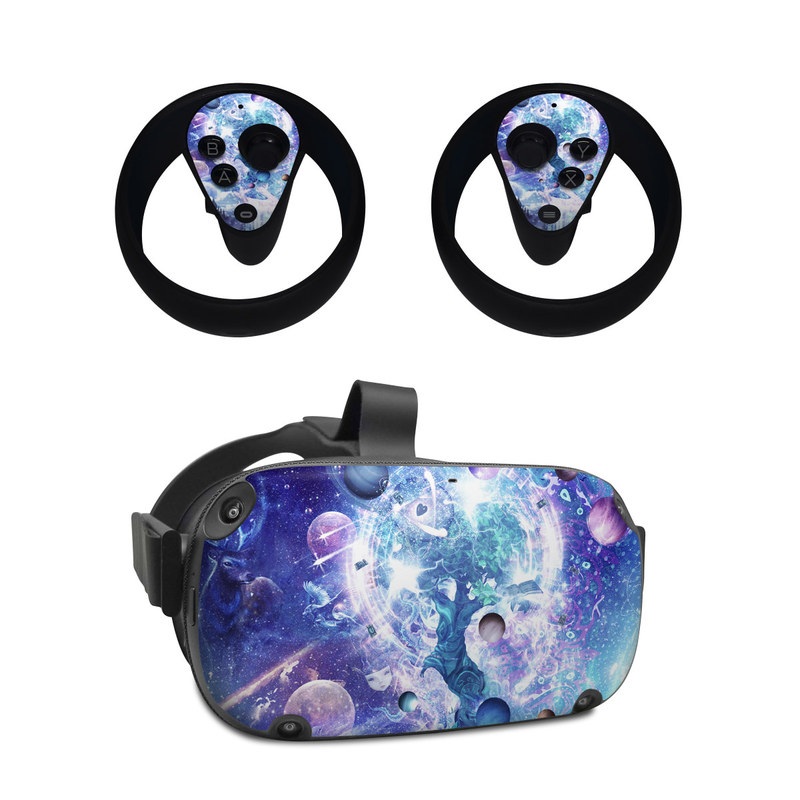 Oculus Quest Skin design of Bird, Butterfly, Planets, Deer, Space, Purple, World, Astronomical Object, Cg Artwork, Illustration, Universe, Painting, Fictional Character, Outer Space, Astronomy, Science, Water Feature, Graphic Design, Graphics, Star, Mythology, with blue, purple, white, black, gray, green colors