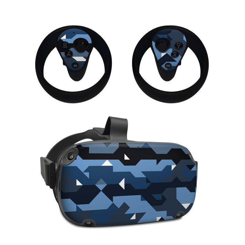 Oculus Quest Skin design of Blue, Pattern, Design, Font, Line, Camouflage, Illustration, Triangle, with blue, black, white, gray colors
