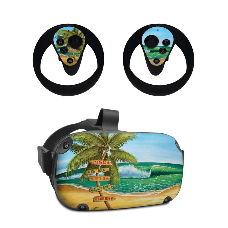 Oculus Quest Skin design of Palm tree, Arecales, Tropics, Tree, Caribbean, Wave, Water, Coconut, Ocean, Elaeis, with green, purple, gray, black, blue colors
