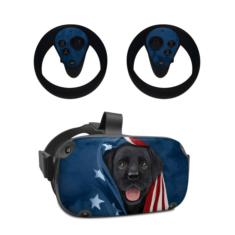 Oculus Quest Skin design of Canidae, Dog, Dog breed, Flag, Snout, Carnivore, Sporting Group, Labrador retriever, Flag of the united states, Puppy, with black, gray, white, blue, red colors