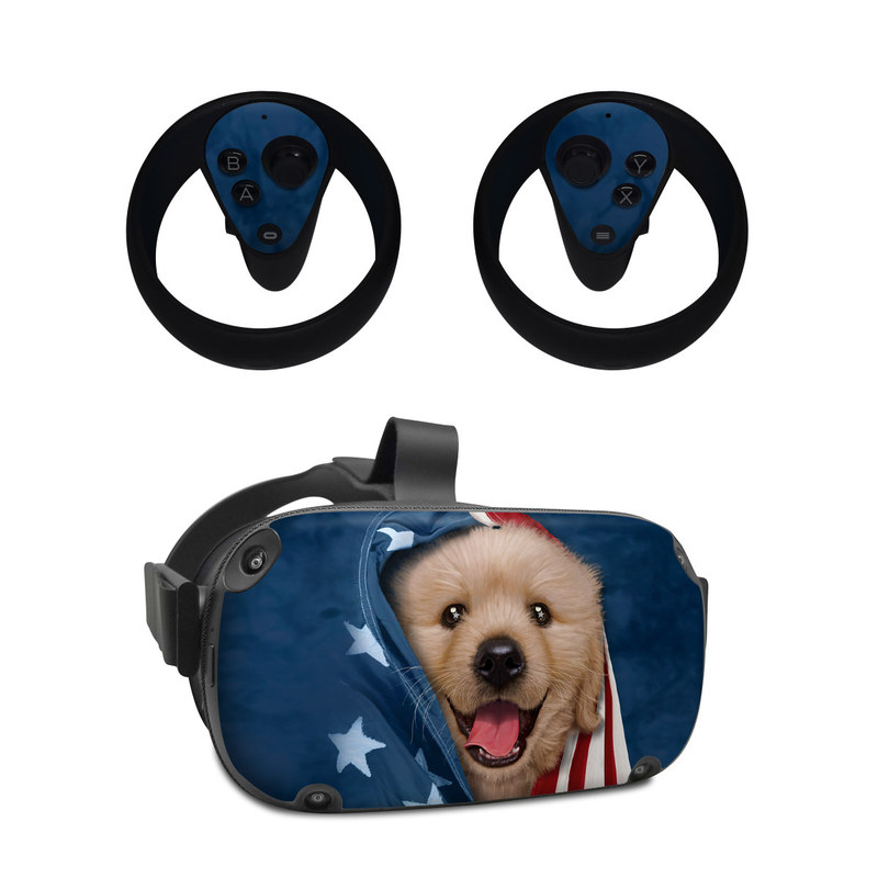 Oculus Quest Skin design of Dog, Canidae, Mammal, Dog breed, Carnivore, Puppy, Snout, Companion dog, Sporting Group, Pomeranian, with yellow, black, brown, white, blue, red colors