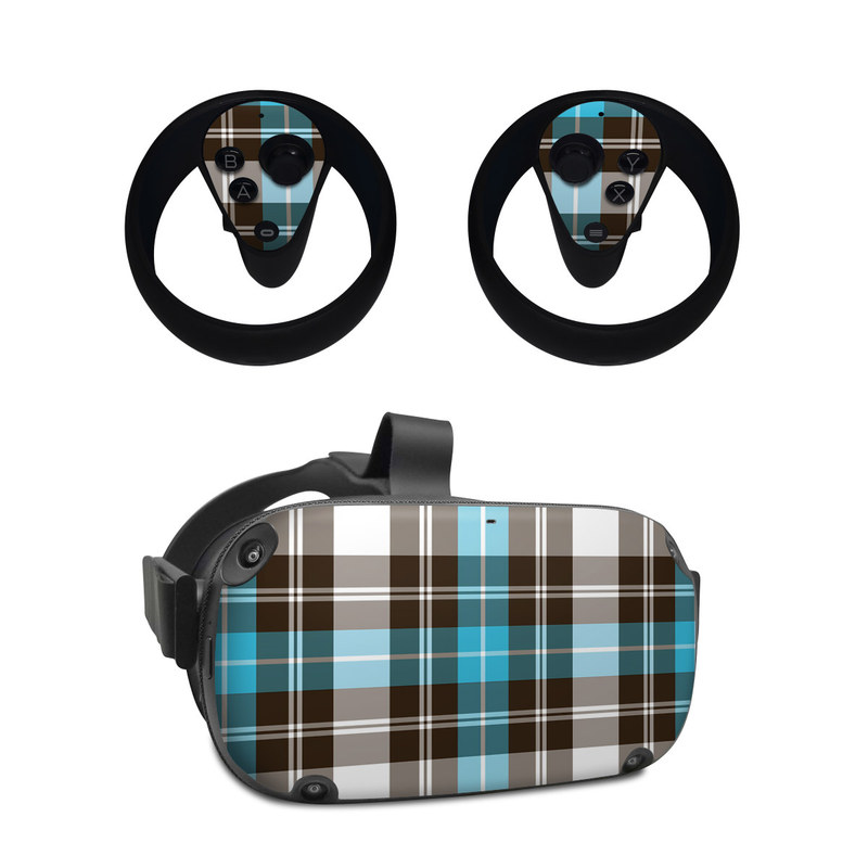 Oculus Quest Skin design of Plaid, Pattern, Tartan, Turquoise, Textile, Design, Brown, Line, Tints and shades, with gray, black, blue, white colors