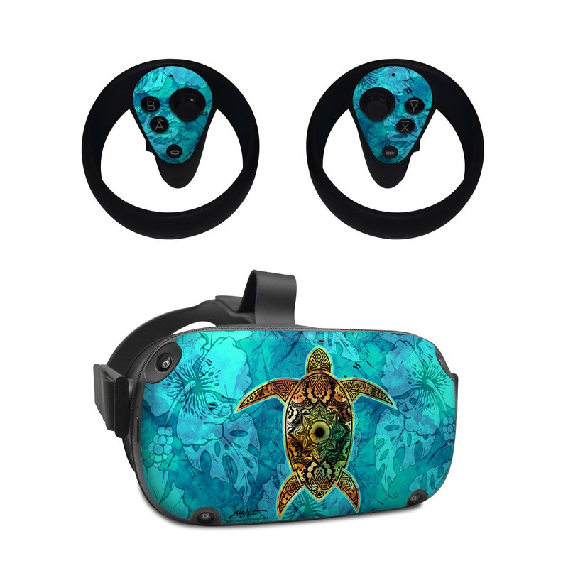 Oculus Quest Skin design of Sea turtle, Green sea turtle, Turtle, Hawksbill sea turtle, Tortoise, Reptile, Loggerhead sea turtle, Illustration, Art, Pattern, with blue, black, green, gray, red colors