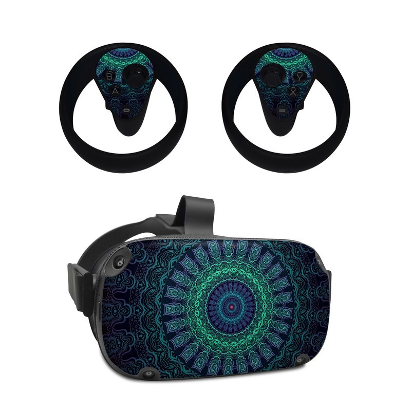 Oculus Quest Skin design of Colorfulness, Blue, Green, Pattern, Teal, Turquoise, Art, Electric Blue, Aqua, Circle, Majorelle Blue, Visual Arts, Fractal Art, Design, Symmetry, Psychedelic Art, Graphics, Kaleidoscope, Motif, with black, green, red colors