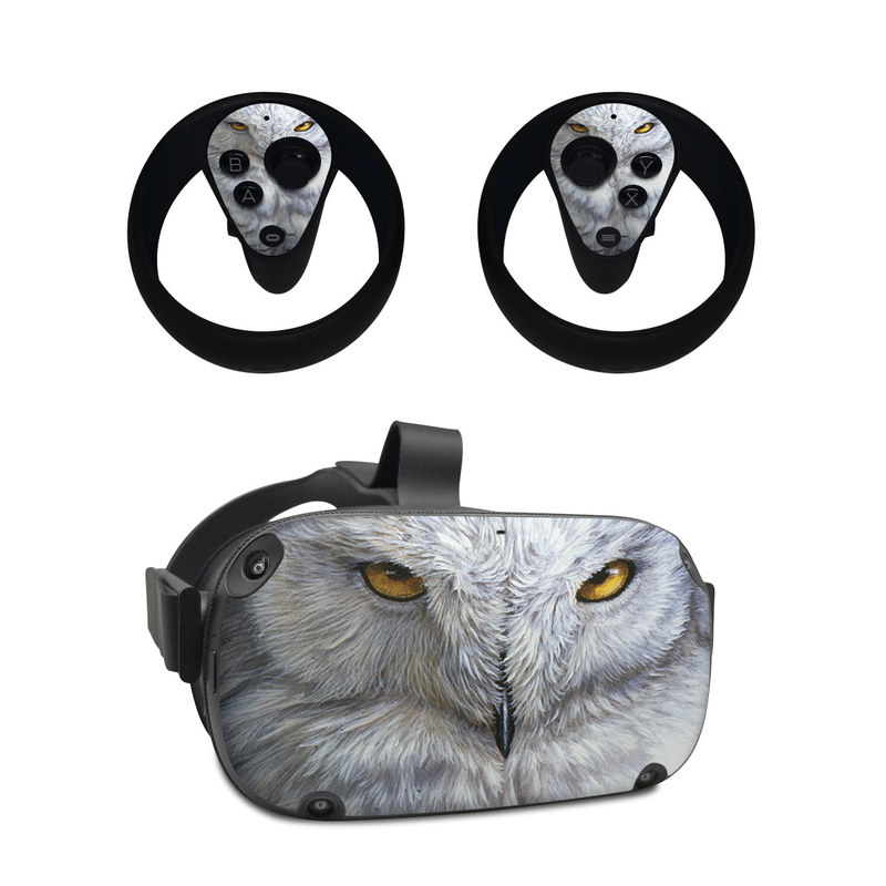 Oculus Quest Skin design of Owl, Bird, Bird of prey, Snowy owl, great grey owl, Close-up, Eye, Snout, Wildlife, Eastern Screech owl, with gray, white, black, blue, purple colors