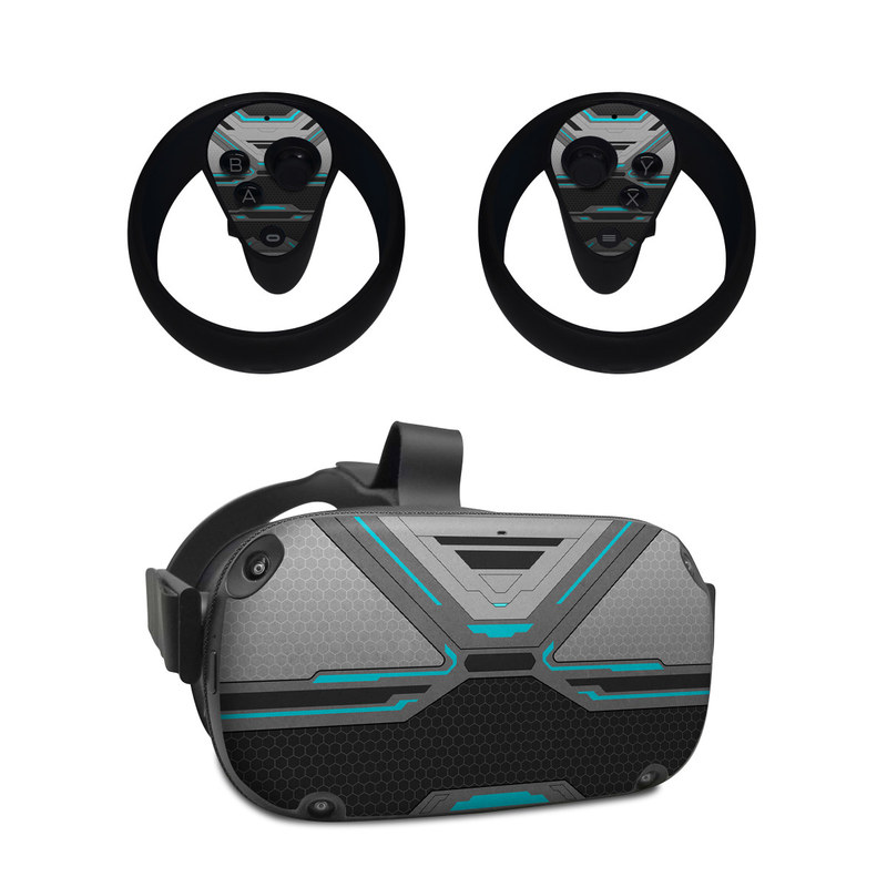 Oculus Quest Skin design of Blue, Turquoise, Pattern, Teal, Symmetry, Design, Line, Automotive design, Font, with black, gray, blue colors