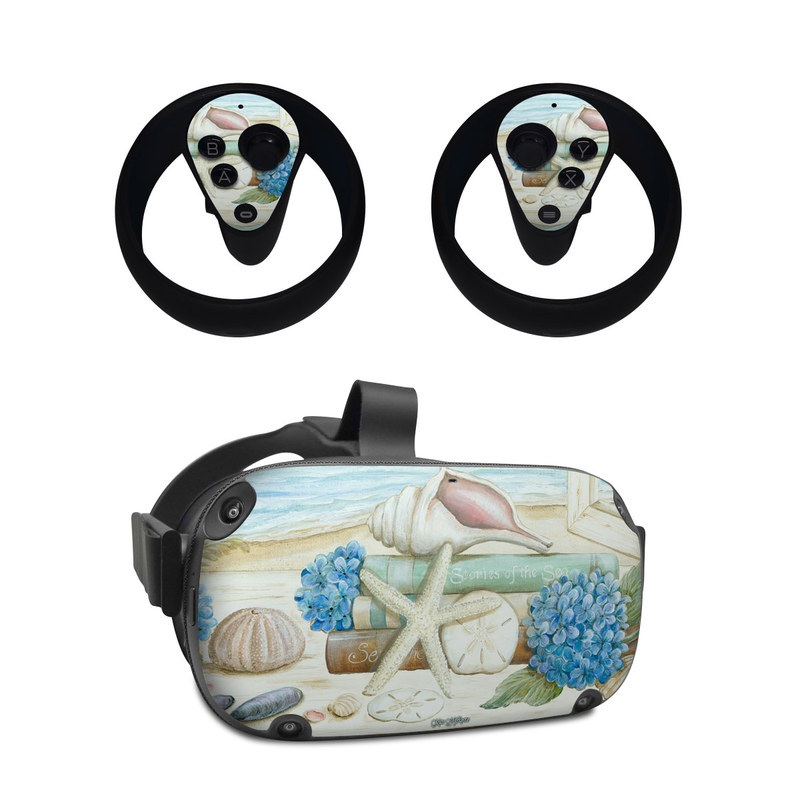 Oculus Quest Skin design of Starfish, Shell, Hydrangea, Plant, Flower, Still life, Echinoderm, Cornales, with gray, green, blue, yellow colors
