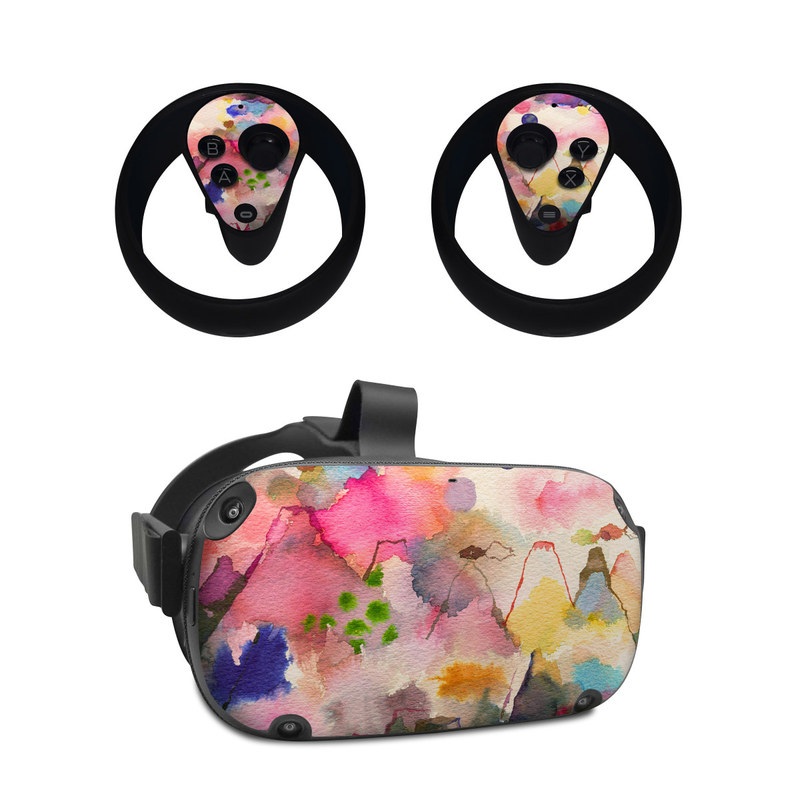 Oculus Quest Skin design of Watercolor paint, Flower, Textile, Painting, Art, Plant, Pattern, Visual arts, Floral design, Paint, with white, pink, red, yellow, green, blue, black, orange colors