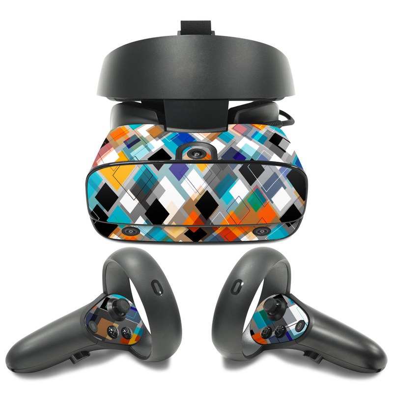 Oculus Rift S Skin design of Pattern, Line, Design, Colorfulness, Plaid, Tints and shades, Textile, Symmetry, Square, with black, blue, red, orange, white colors