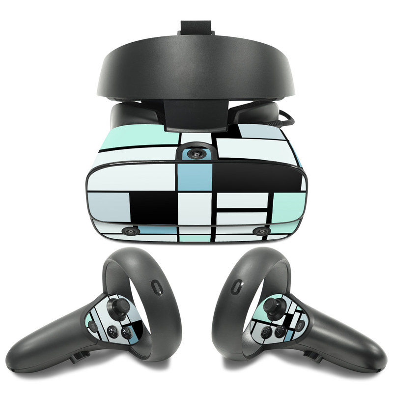 Oculus Rift S Skin design of Blue, Line, Turquoise, Pattern, Rectangle, Design, Parallel, Square, Symmetry, Tints and shades, with black, blue, green colors