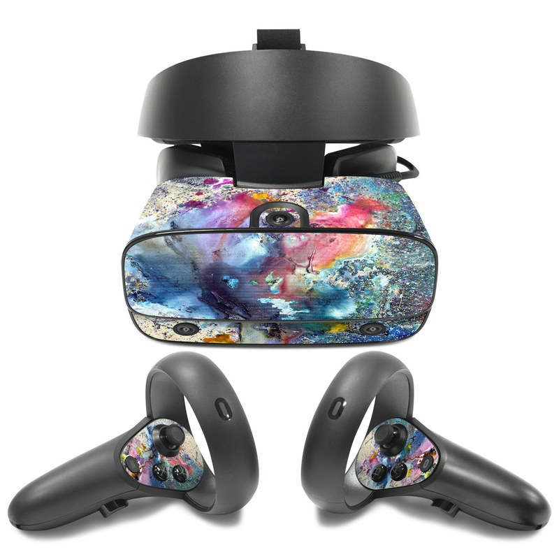 Oculus Rift S Skin design of Watercolor paint, Painting, Acrylic paint, Art, Modern art, Paint, Visual arts, Space, Colorfulness, Illustration, with gray, black, blue, red, pink colors