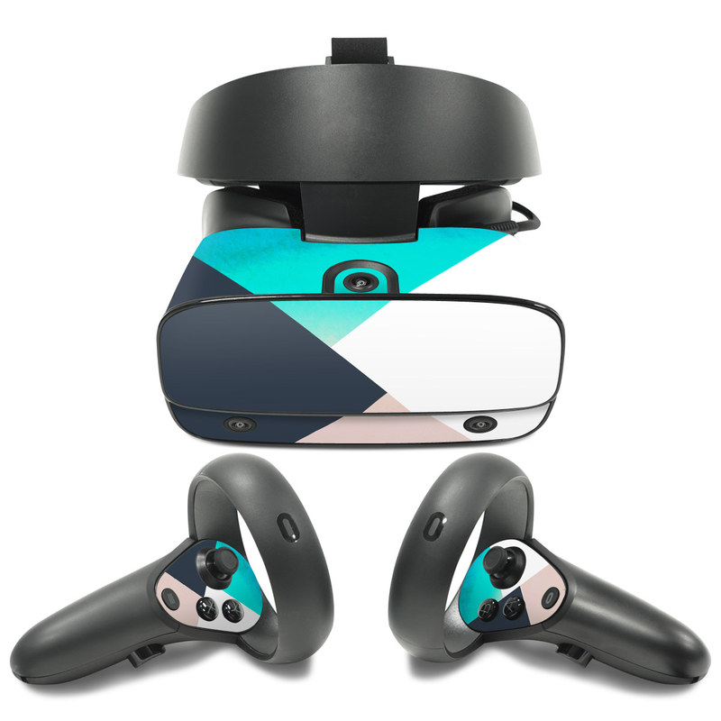 Oculus Rift S Skin design of Blue, Turquoise, Aqua, Line, Triangle, Design, Material property, Graphic design, Pattern, Architecture, with black, white, brown, blue colors