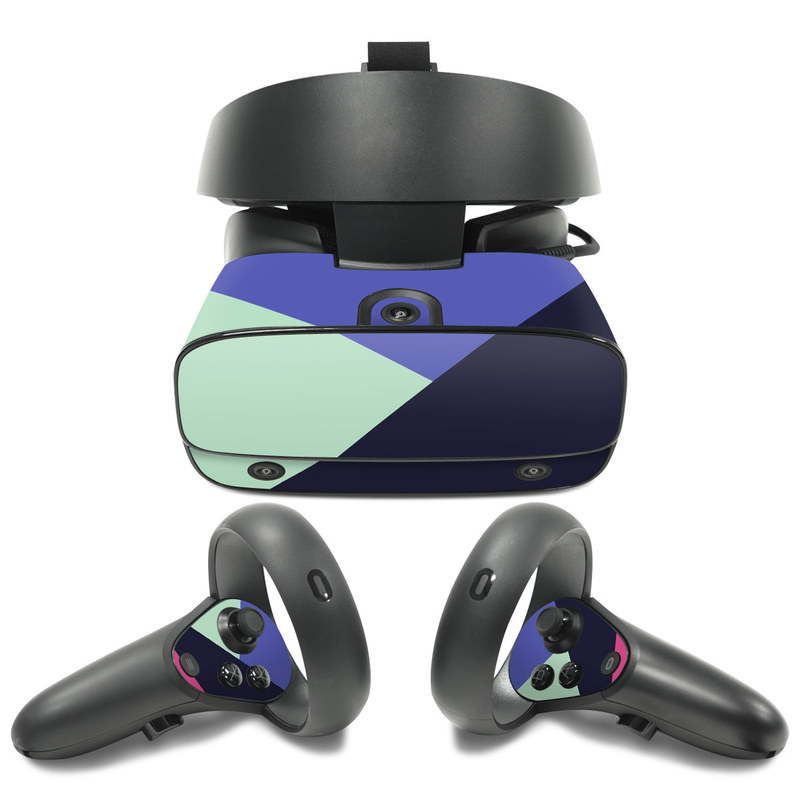 Oculus Rift S Skin design of Purple, Violet, Line, Magenta, Graphic design, Triangle, Pattern, Design, Material property, Font, with black, blue, green, pink colors