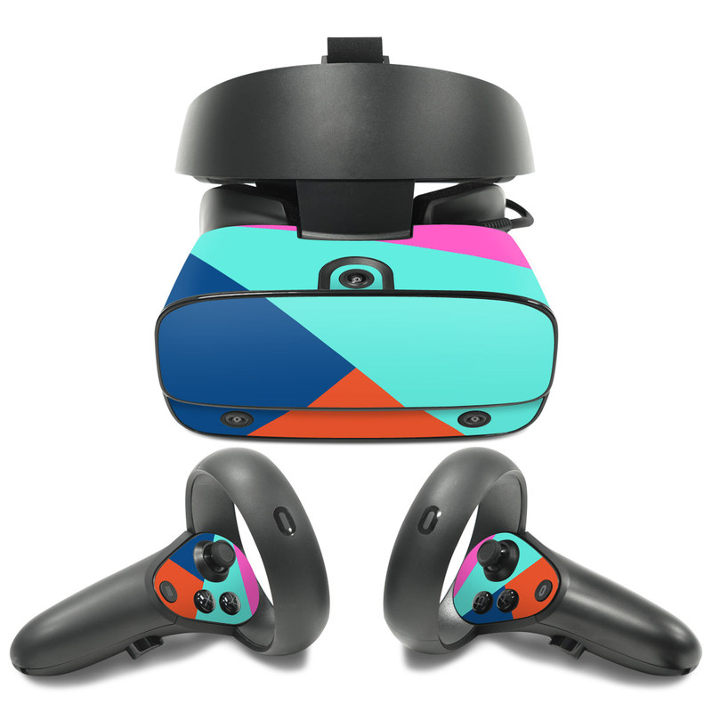 Oculus Rift S Skin design of Blue, Colorfulness, Turquoise, Line, Azure, Triangle, Pattern, Graphic design, Magenta, with blue, pink, orange, red colors
