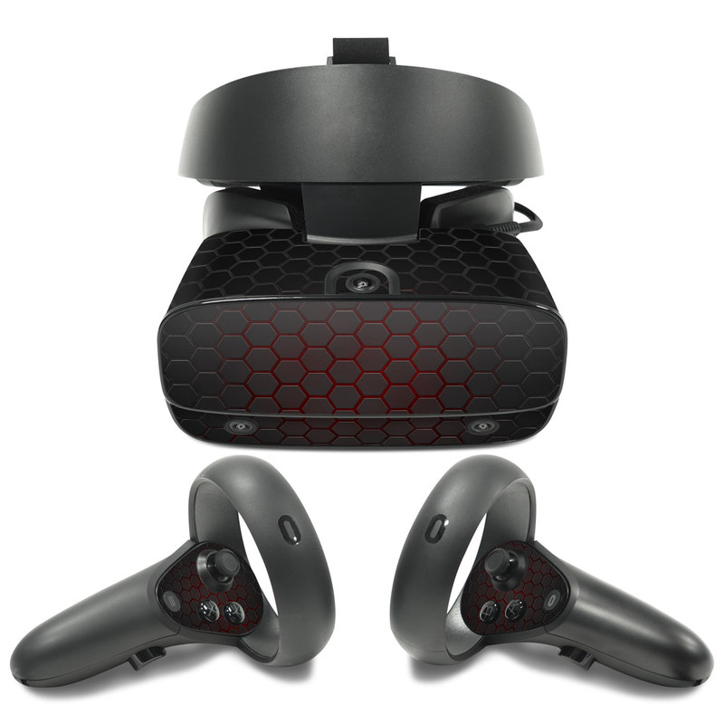 Oculus Rift S Skin design of Black, Pattern, Metal, Design, Mesh, Carbon, Space, Wallpaper, with black, red colors