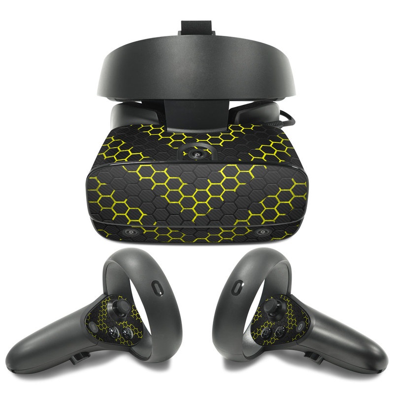 Oculus Rift S Skin design of Black, Pattern, Yellow, Mesh, Net, Chain-link fencing, Design, Metal, with black, gray, yellow colors