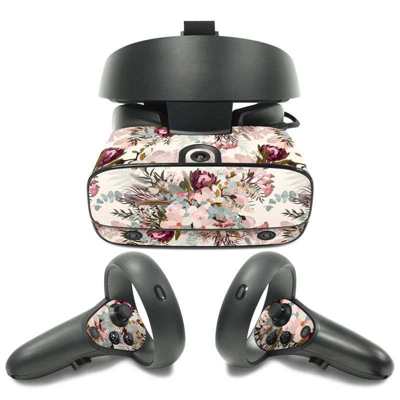 Oculus Rift S Skin design of Pink, Pattern, Lilac, Flower, Plant, Petal, Floral design, Textile, Design, Blossom, with white, red, pink, blue, brown colors