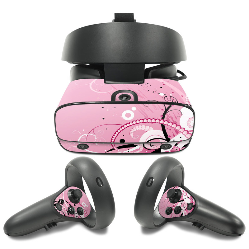Oculus Rift S Skin design of Pink, Floral design, Graphic design, Text, Design, Flower Arranging, Pattern, Illustration, Flower, Floristry, with pink, gray, black, white, purple, red colors