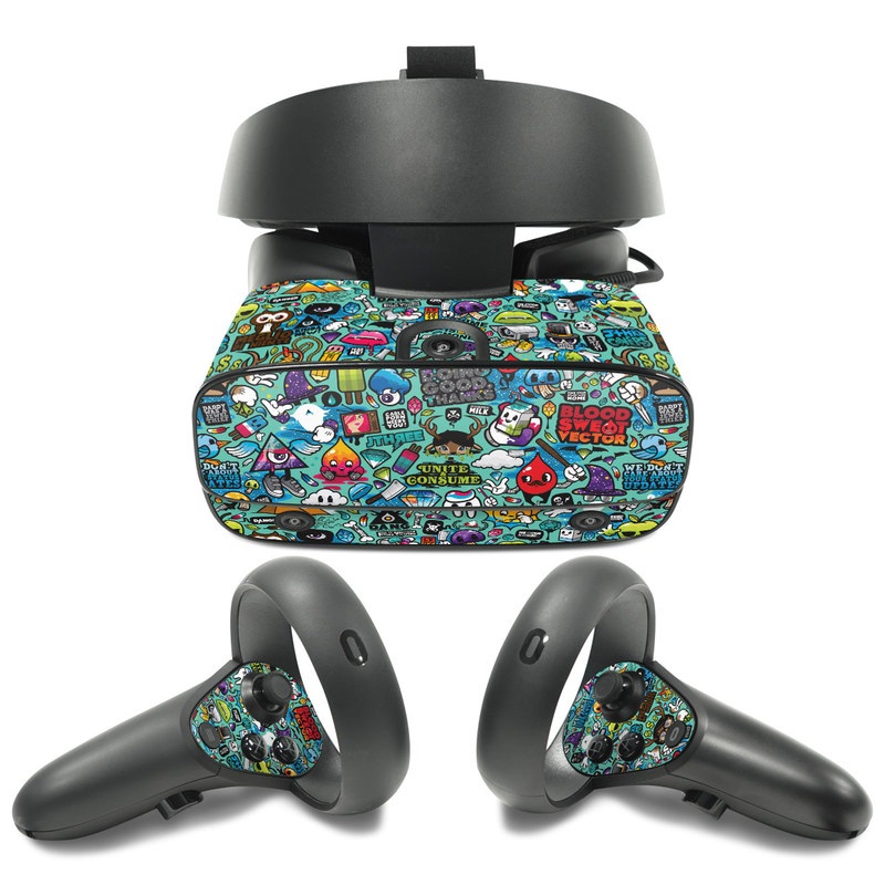 Oculus Rift S Skin design of Cartoon, Art, Pattern, Design, Illustration, Visual arts, Doodle, Psychedelic art with black, blue, gray, red, green colors