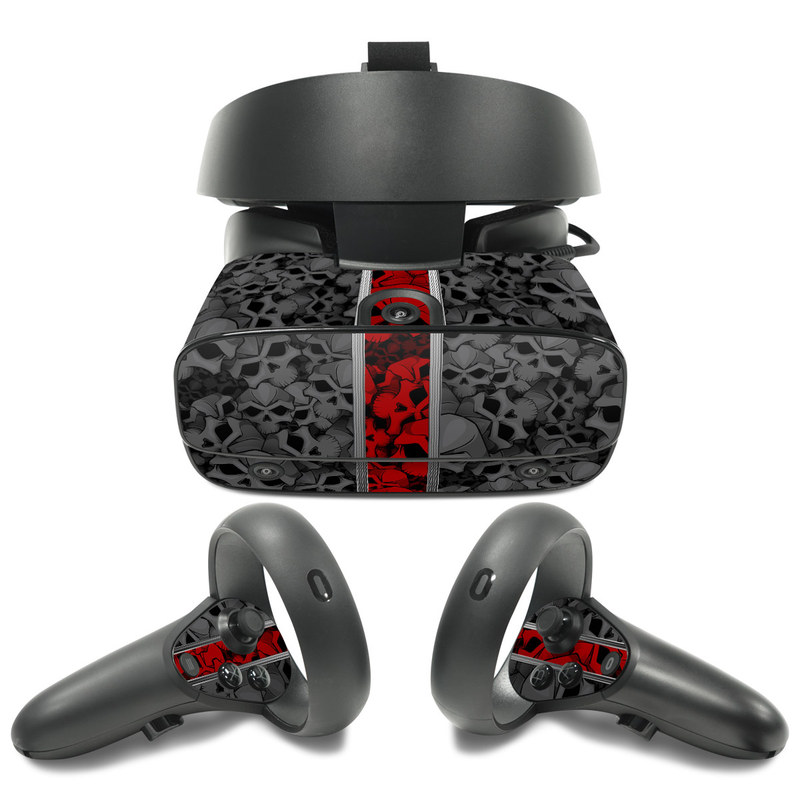 Oculus Rift S Skin design of Font, Text, Pattern, Design, Graphic design, Black-and-white, Monochrome, Graphics, Illustration, Art, with black, red, gray colors