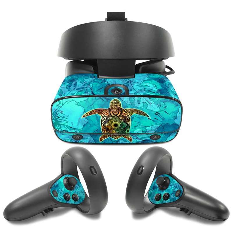 Oculus Rift S Skin design of Sea turtle, Green sea turtle, Turtle, Hawksbill sea turtle, Tortoise, Reptile, Loggerhead sea turtle, Illustration, Art, Pattern, with blue, black, green, gray, red colors