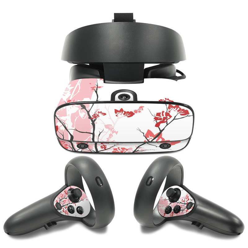 Oculus Rift S Skin design of Branch, Red, Flower, Plant, Tree, Twig, Blossom, Botany, Pink, Spring, with white, pink, gray, red, black colors