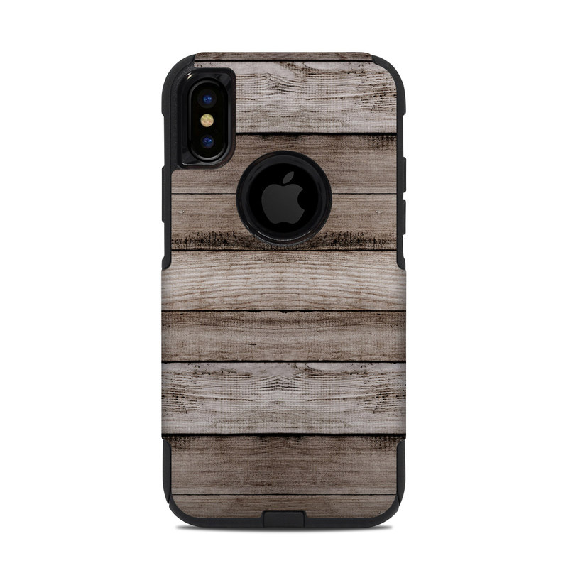 OtterBox Commuter iPhone XS Case Skin design of Wood, Plank, Wood stain, Hardwood, Line, Pattern, Floor, Lumber, Wood flooring, Plywood, with brown, black colors