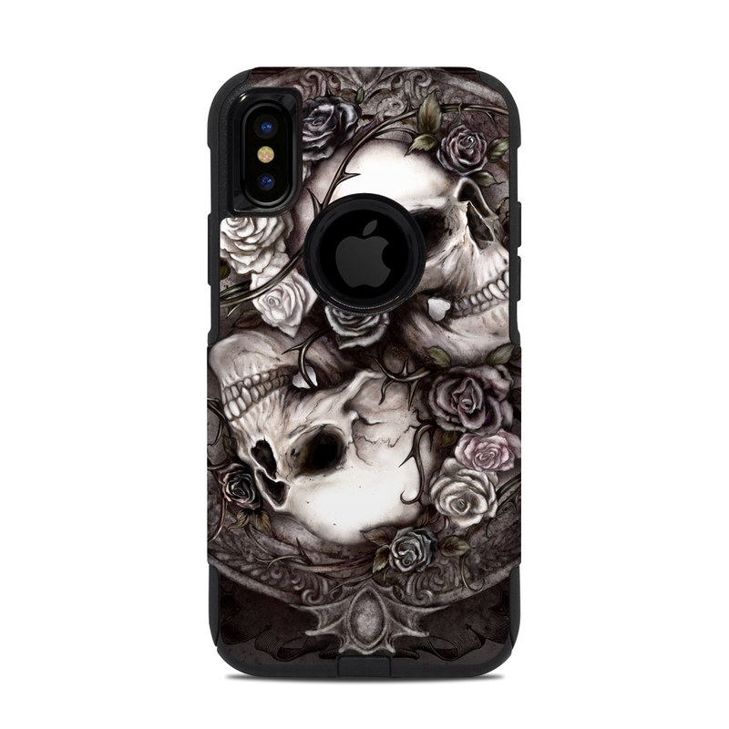 OtterBox Commuter iPhone XS Case Skin design of Skull, Bone, Illustration, Font, Still life photography, Photography, Still life, Art, Monochrome, Circle, with black, white, brown, pink colors