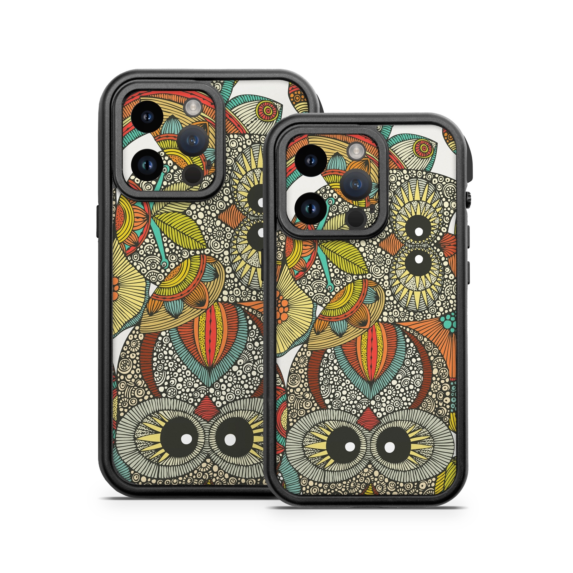 OtterBox Fre iPhone 14 Series Case Skin design of Owl, Pattern, Visual arts, Art, Design, Textile, Illustration, Motif, Bird, with white, green, orange, yellow, blue, red colors