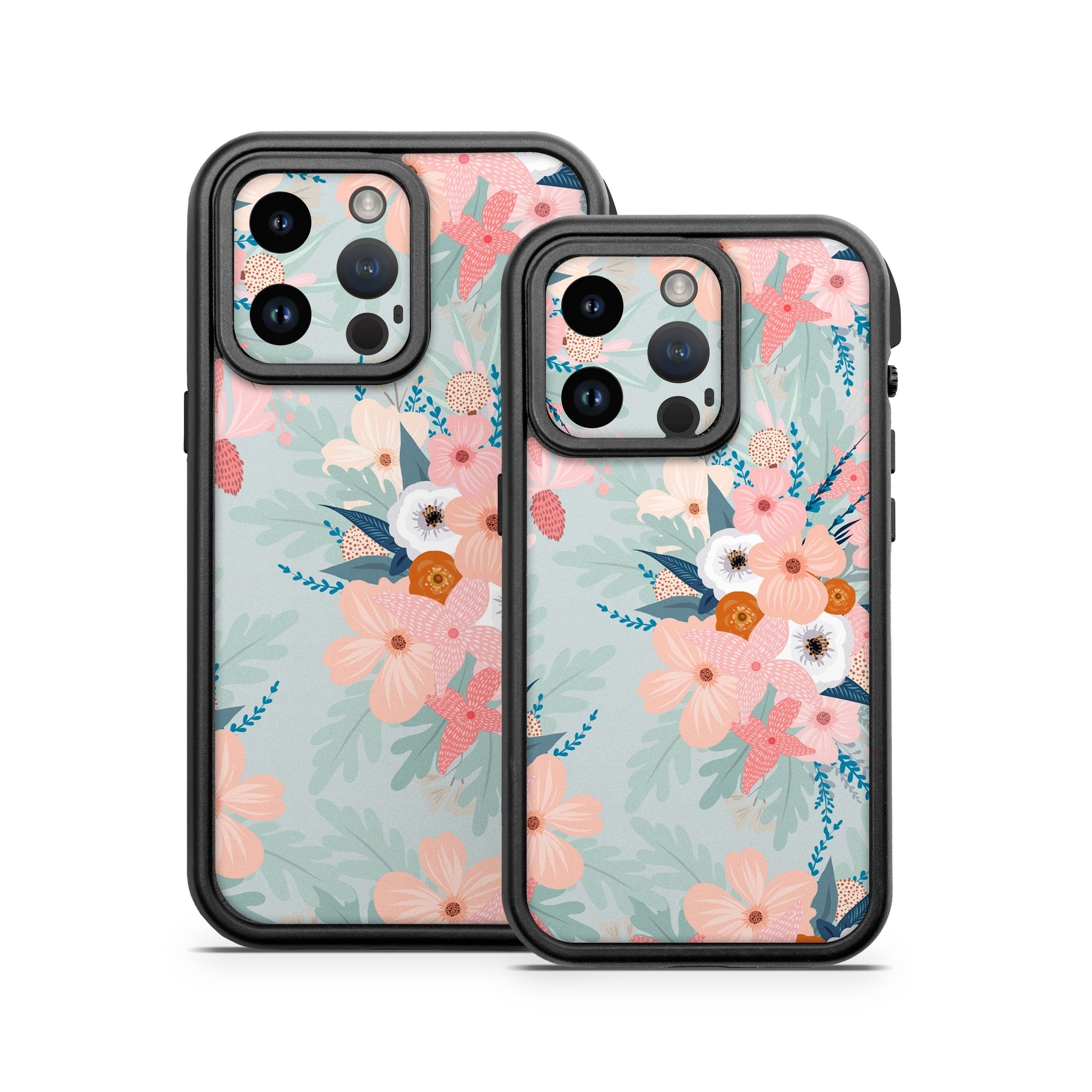 OtterBox Fre iPhone 14 Series Case Skin design of Pattern, Aqua, Wrapping paper, Textile, Design, Floral design, Wildflower, Plant, Pedicel, Blossom, with pink, red, blue, white colors