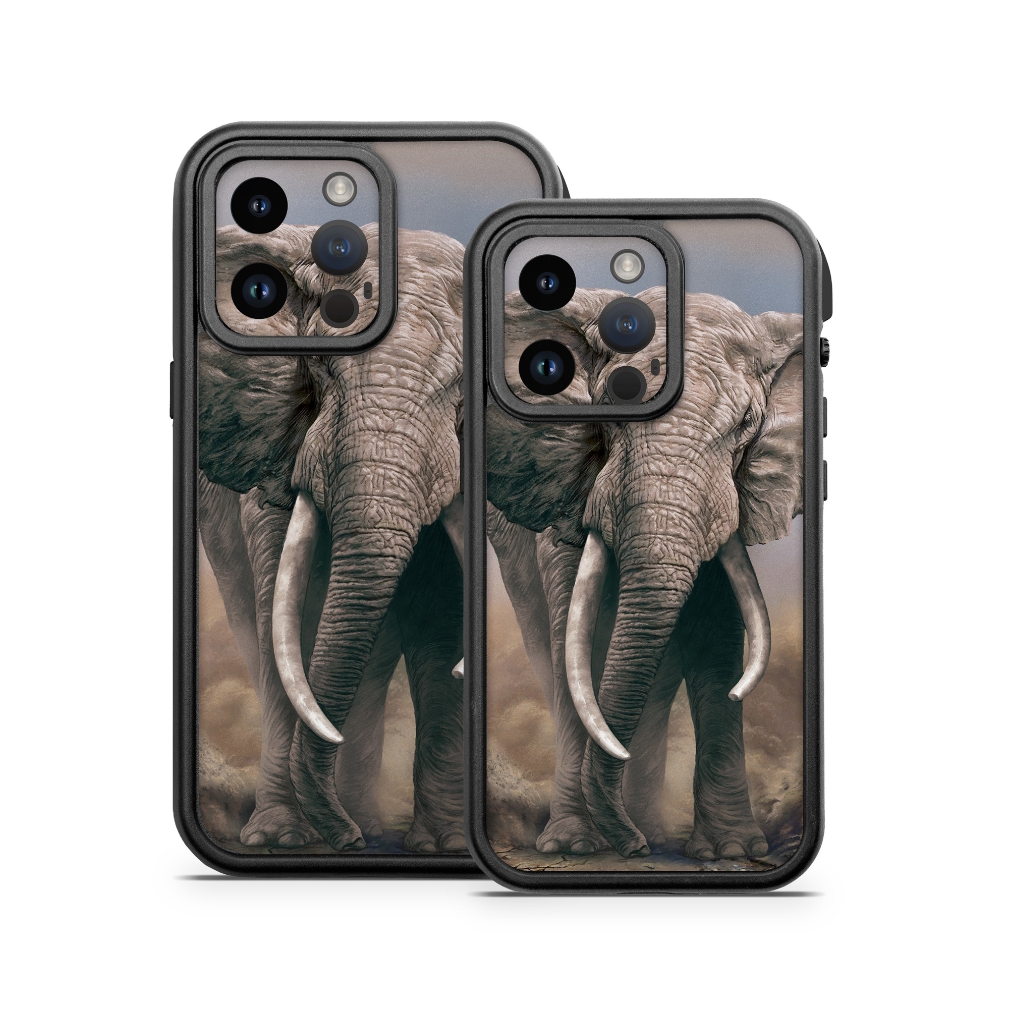 OtterBox Fre iPhone 14 Series Case Skin design of Elephants and Mammoths, Terrestrial animal, Indian elephant, African elephant, Wildlife, Tusk, Snout, Organism, Working animal, Illustration, with brown, gray, white colors