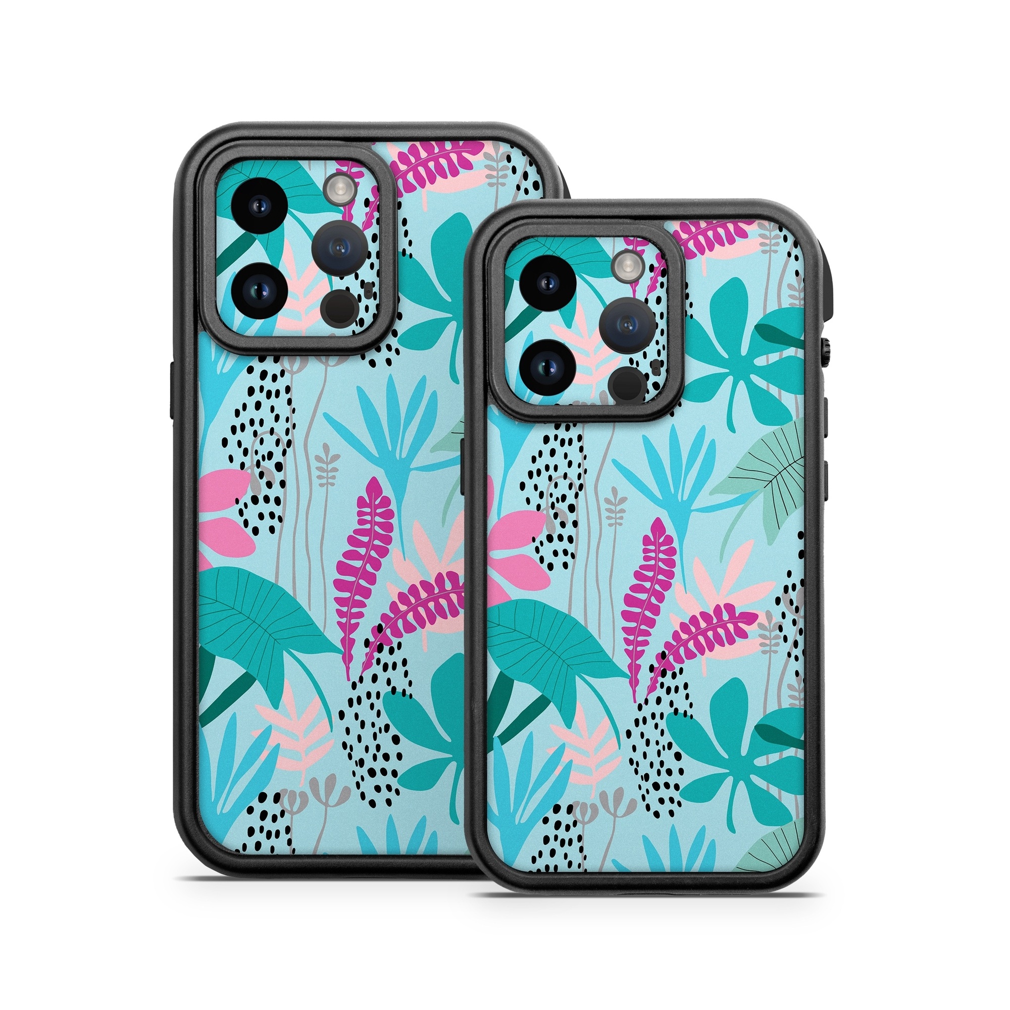 OtterBox Fre iPhone 14 Series Case Skin design of White, Leaf, Botany, Green, Textile, Branch, Organism, Plant, Font, Pink, with blue, green, pink, purple, black, gray colors