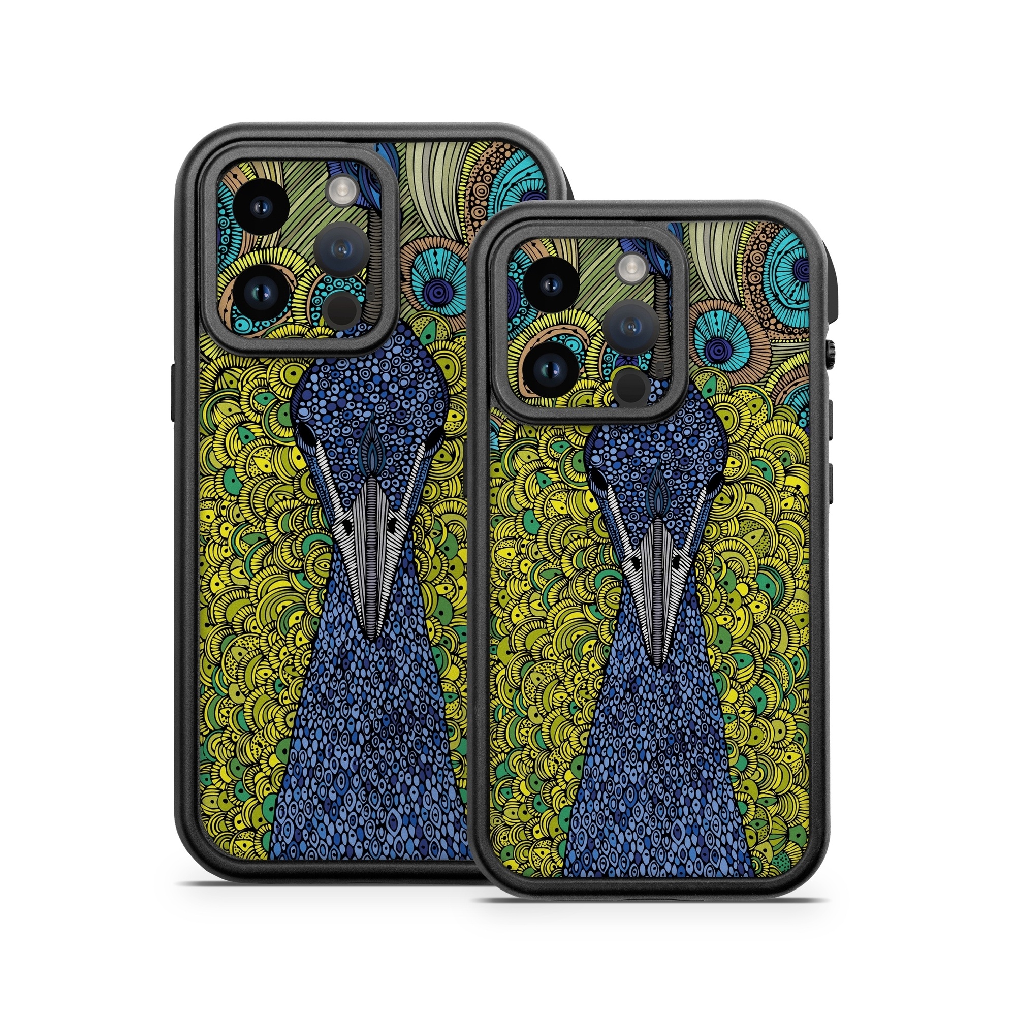OtterBox Fre iPhone 14 Series Case Skin design of Peafowl, Bird, Feather, Pattern, Art, Phasianidae, Galliformes, Design, Psychedelic art, Symmetry, with green, blue, yellow colors