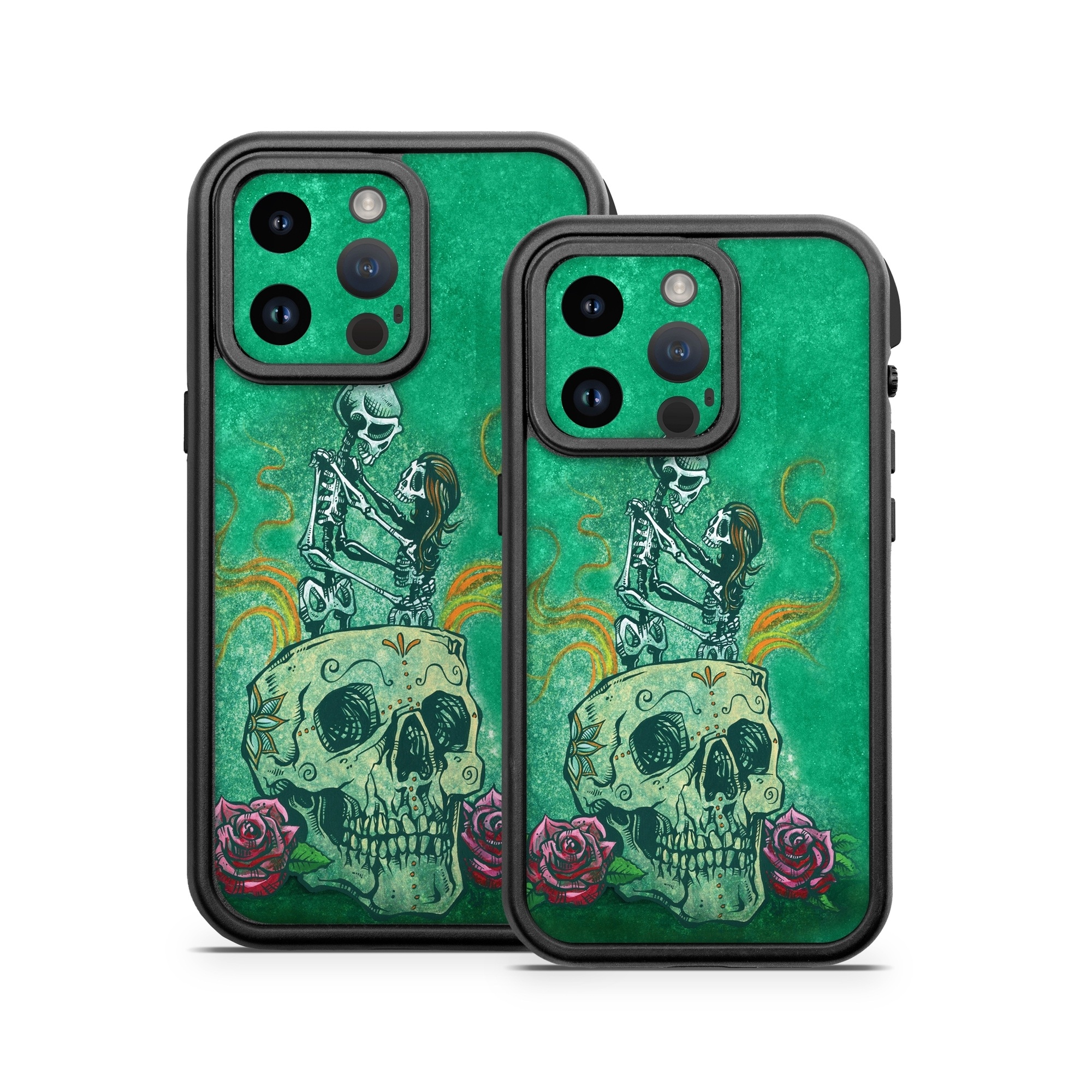 OtterBox Fre iPhone 14 Series Case Skin design of Bone, Skull, Aqua, Pattern, Electric blue, Fashion accessory, Font, Fictional character, Art, Grass, with green, pink, red, yellow, orange, white, gray colors