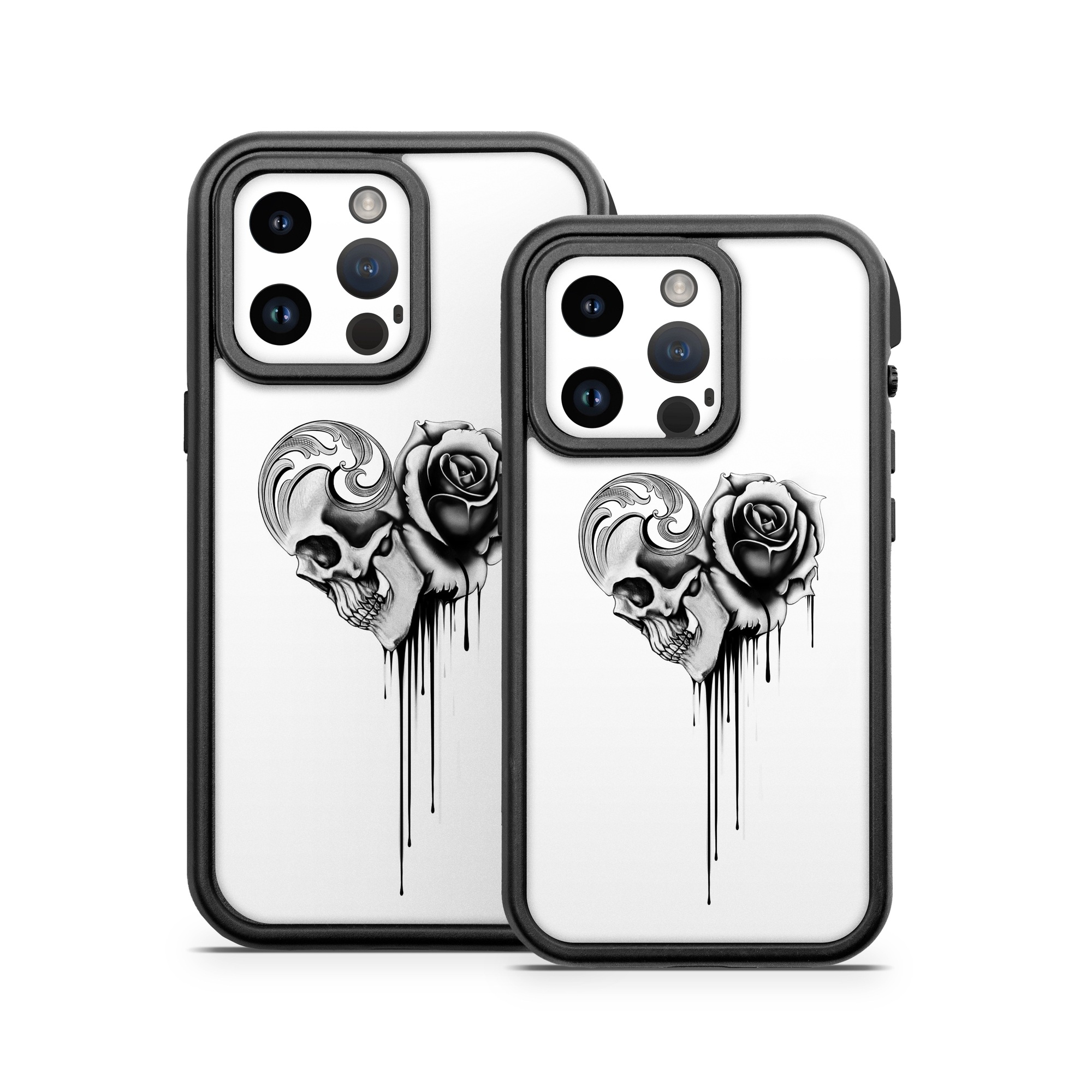 OtterBox Fre iPhone 14 Series Case Skin design of Black-and-white, Illustration, Monochrome, Rose, Plant, Style, Metal, Drawing, with white, black, gray colors