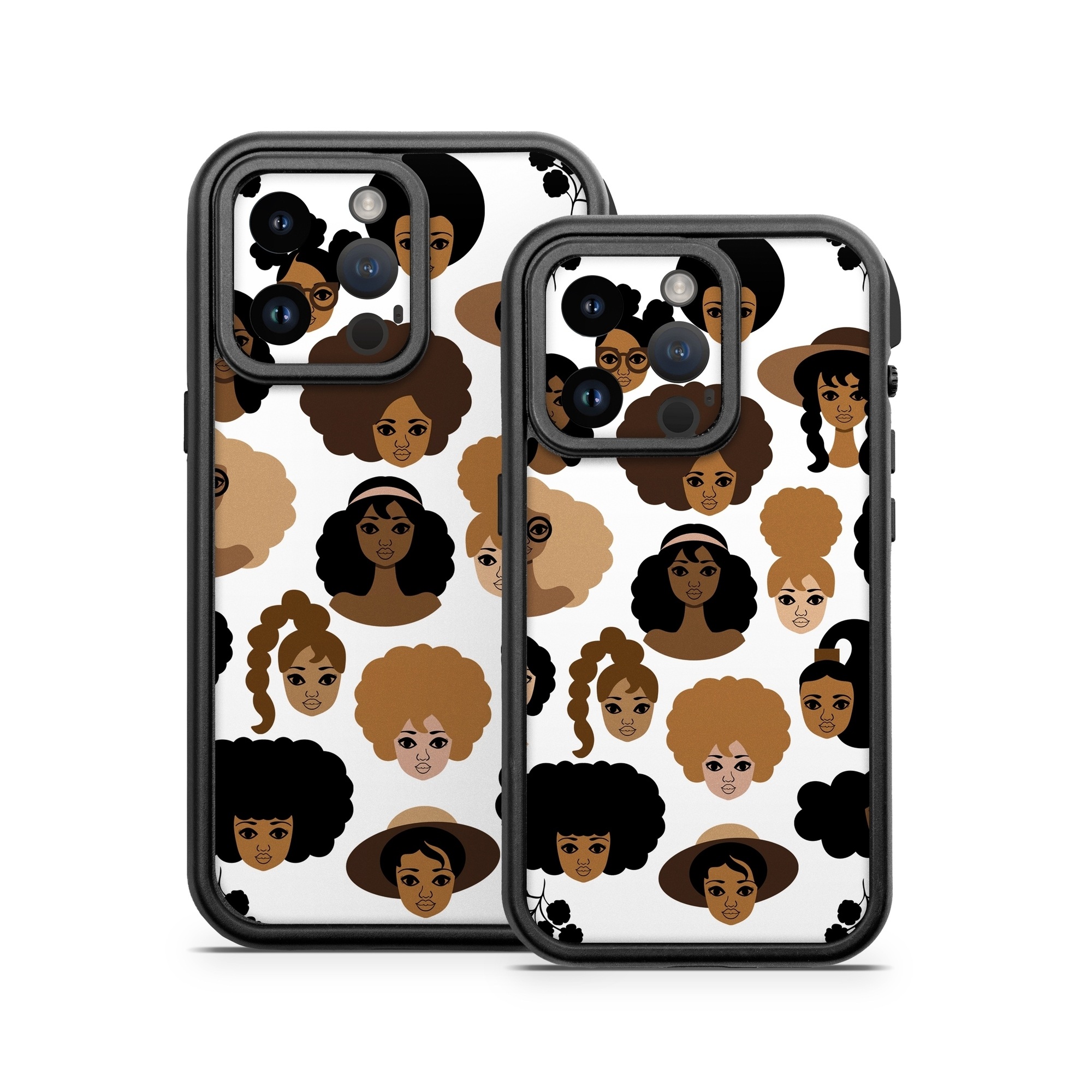 OtterBox Fre iPhone 14 Series Case Skin design of Hair, People, Facial expression, Hairstyle, Cartoon, Head, Afro, Clip art, Font, Black hair, with black, brown, white colors