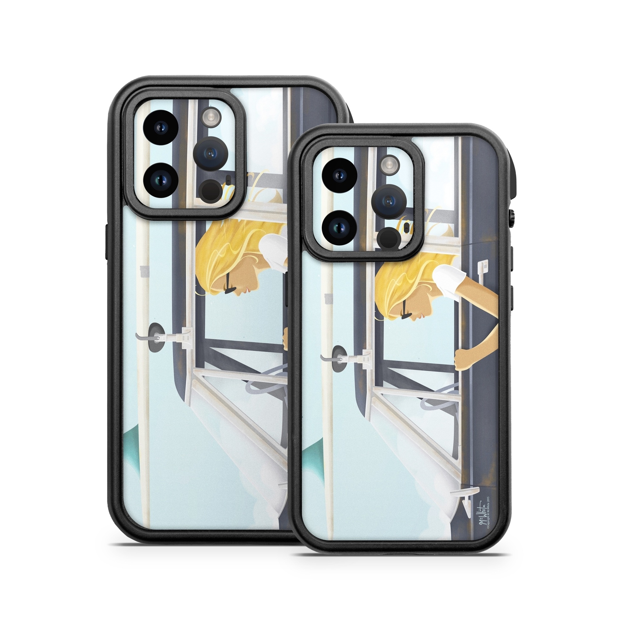 OtterBox Fre iPhone 14 Series Case Skin design of Vehicle door, Vehicle, Automotive exterior, Automotive design, Car, Headgear, Windshield, Dress, Automotive window part, Family car, with blue, white, gray, yellow colors