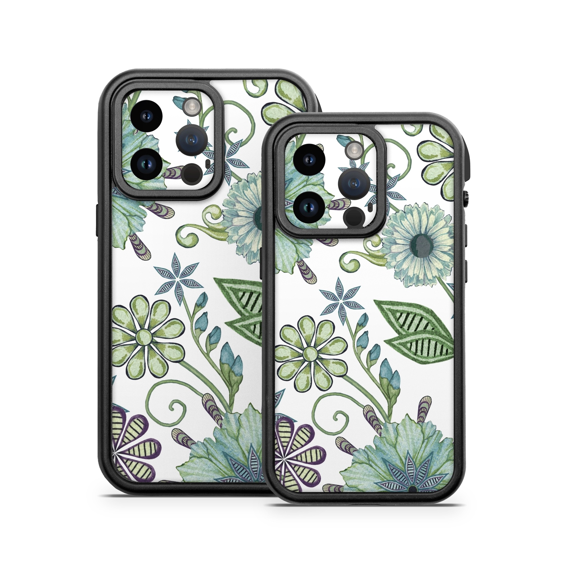 OtterBox Fre iPhone 14 Series Case Skin design of Green, Pattern, Flower, Botany, Plant, Leaf, Design, Wildflower, with white, green, blue colors