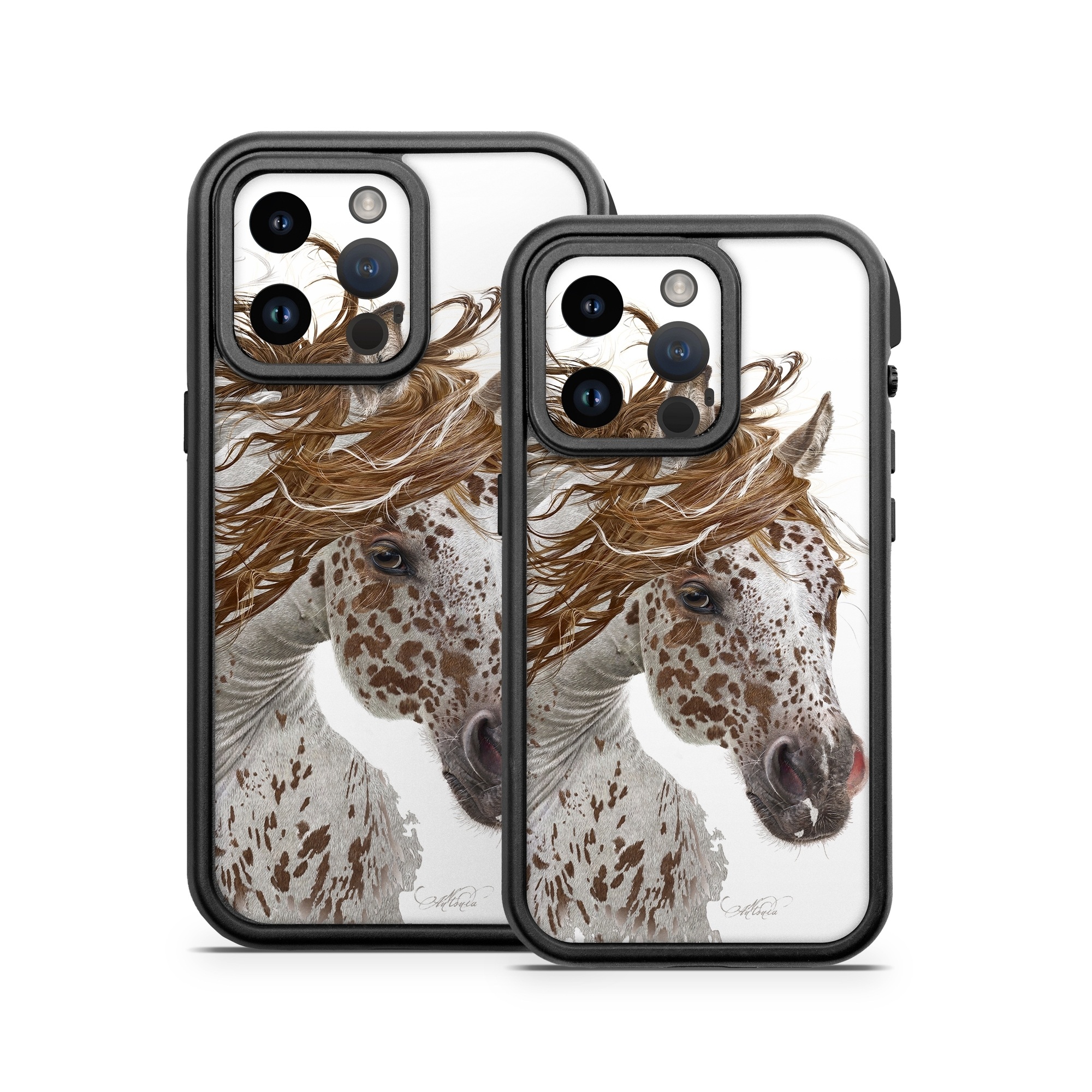 OtterBox Fre iPhone 14 Series Case Skin design of Horse, Mane, Mustang horse, Illustration, Snout, Animal figure, Drawing, Stallion, Liver, Mare, with white, brown colors