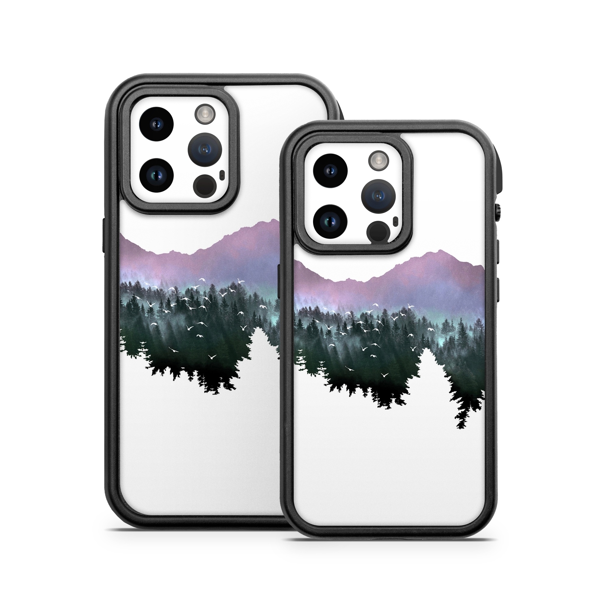 OtterBox Fre iPhone 14 Series Case Skin design of Nature, Mountainous landforms, Mountain, Atmospheric phenomenon, Tree, Wilderness, Sky, Mountain range, Forest, Hill, with white, black, purple, blue, green colors