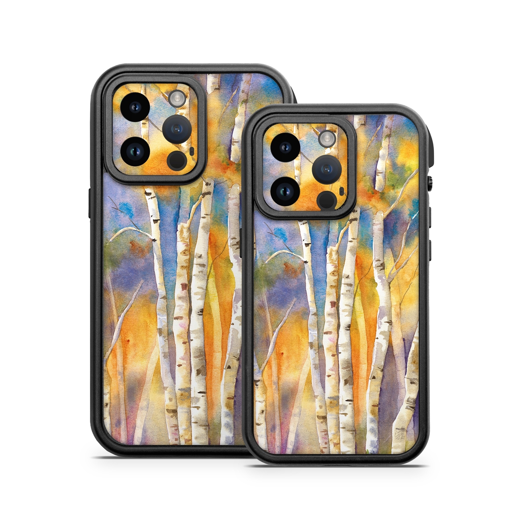 OtterBox Fre iPhone 14 Series Case Skin design of Canoe birch, Watercolor paint, Tree, Birch, Woody plant, Painting, Plant, Birch family, Paint, Trunk, with orange, yellow, green, white, purple, blue colors