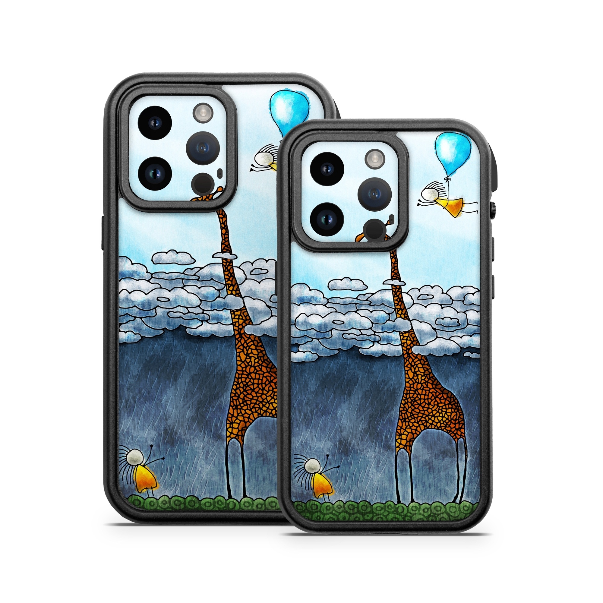 OtterBox Fre iPhone 14 Series Case Skin design of Giraffe, Sky, Tree, Water, Branch, Giraffidae, Illustration, Cloud, Grassland, Bird, with blue, gray, yellow, green colors