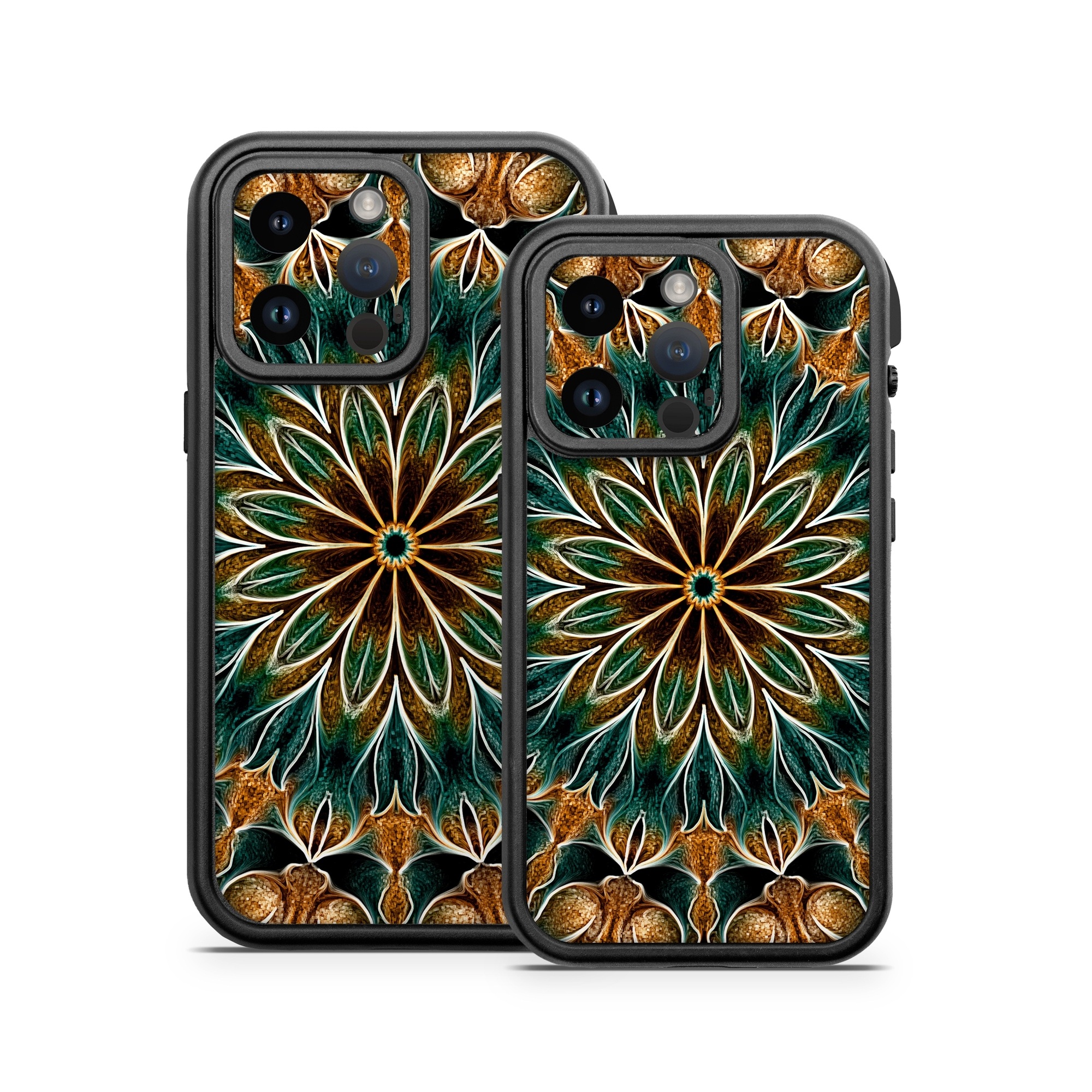OtterBox Fre iPhone 14 Series Case Skin design of Pattern, Symmetry, Textile, Art, Psychedelic art, Tapestry, Design, Visual arts, Kaleidoscope, Motif, with green, orange, yellow, brown, red colors