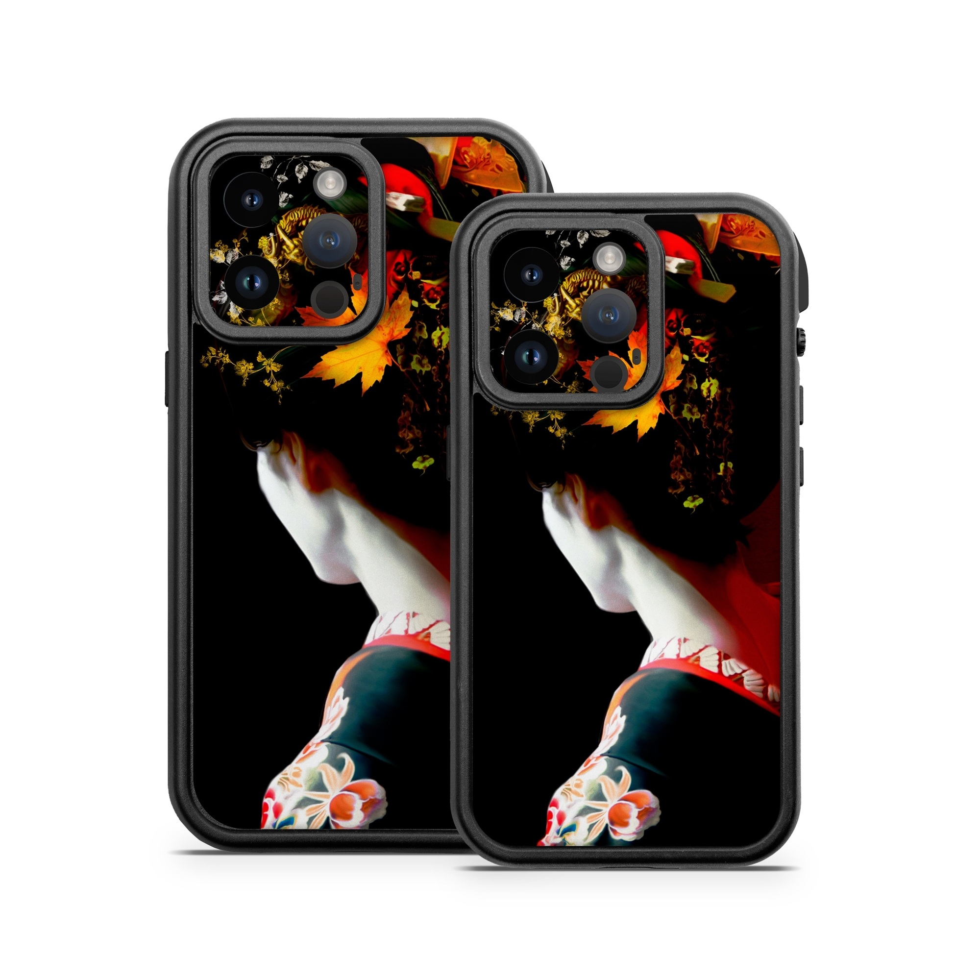 OtterBox Fre iPhone 14 Series Case Skin design of Geisha, Red, Flower, Plant, Headgear, Photography, Peking opera, Costume, Headpiece, Art, with black, red, orange, yellow, white colors
