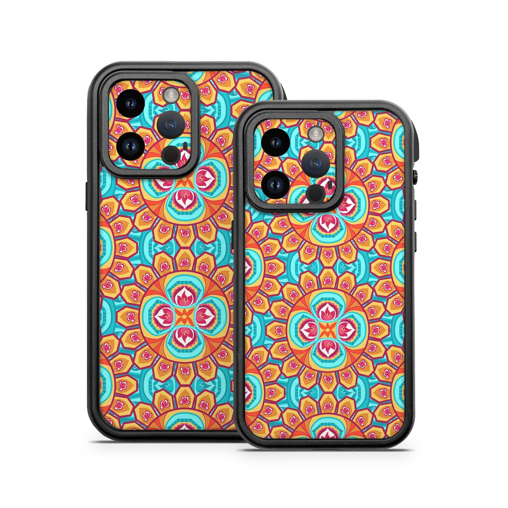 OtterBox Fre iPhone 14 Series Case Skin design of Pattern, Orange, Design, Textile, Wrapping paper, Visual arts, Motif, Circle, Art, with blue, orange, red, yellow colors